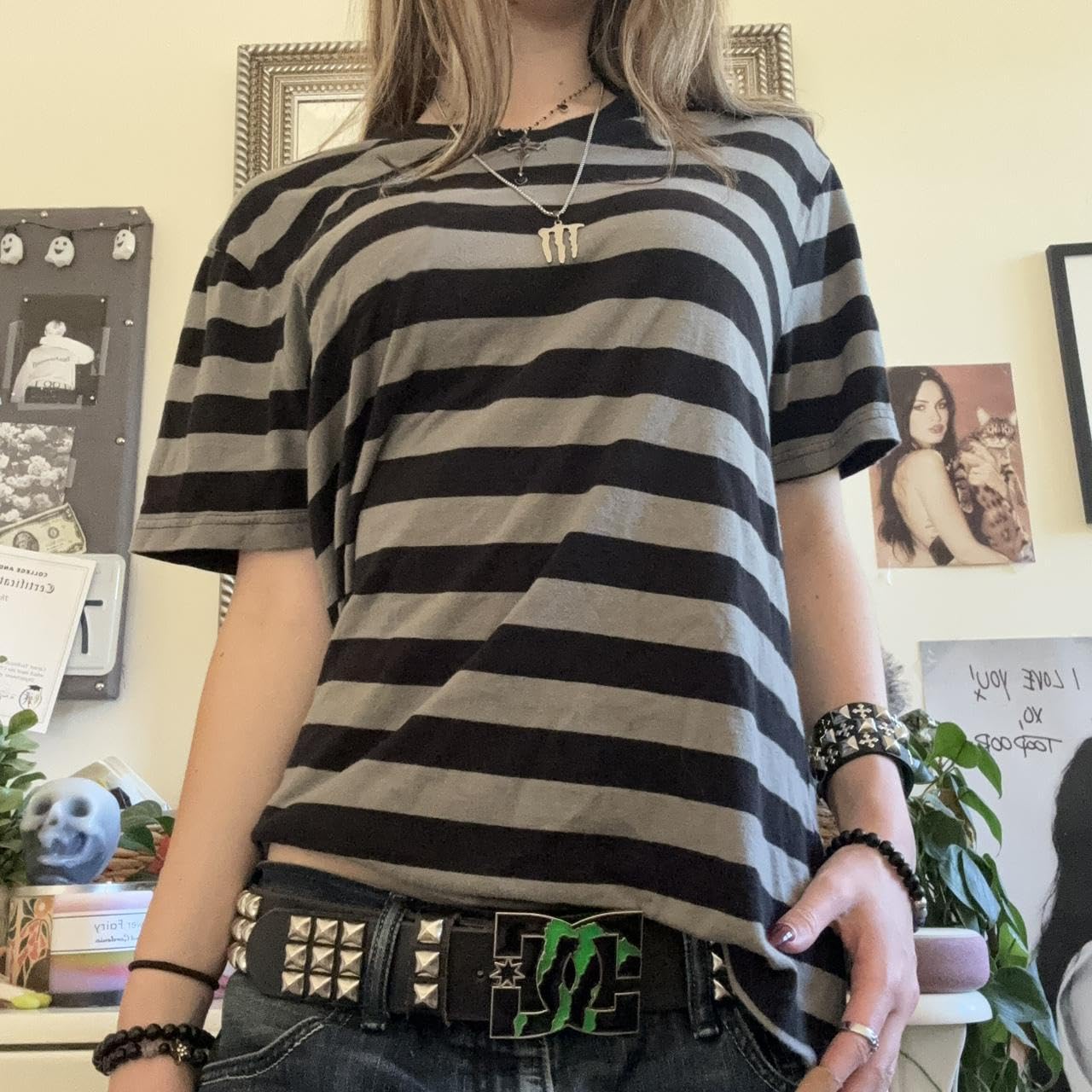 Womens Y2k Grunge Shirts Striped Baggy Crew Neck Short Sleeves Emo (image 2)
