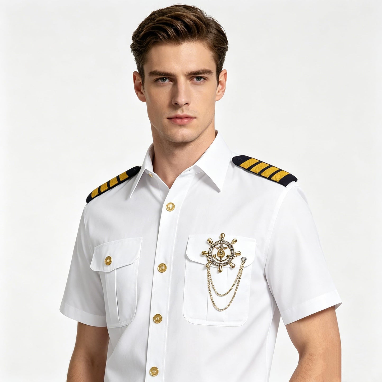 shengo 6PCS Captain Costume Sets Halloween Costumes Captain Shirt Captain Sailor Costume with Navy hat Pipe Sunglasses Tie Gold Anchor Pin Gloves Men Fancy Dress Costumes (M)