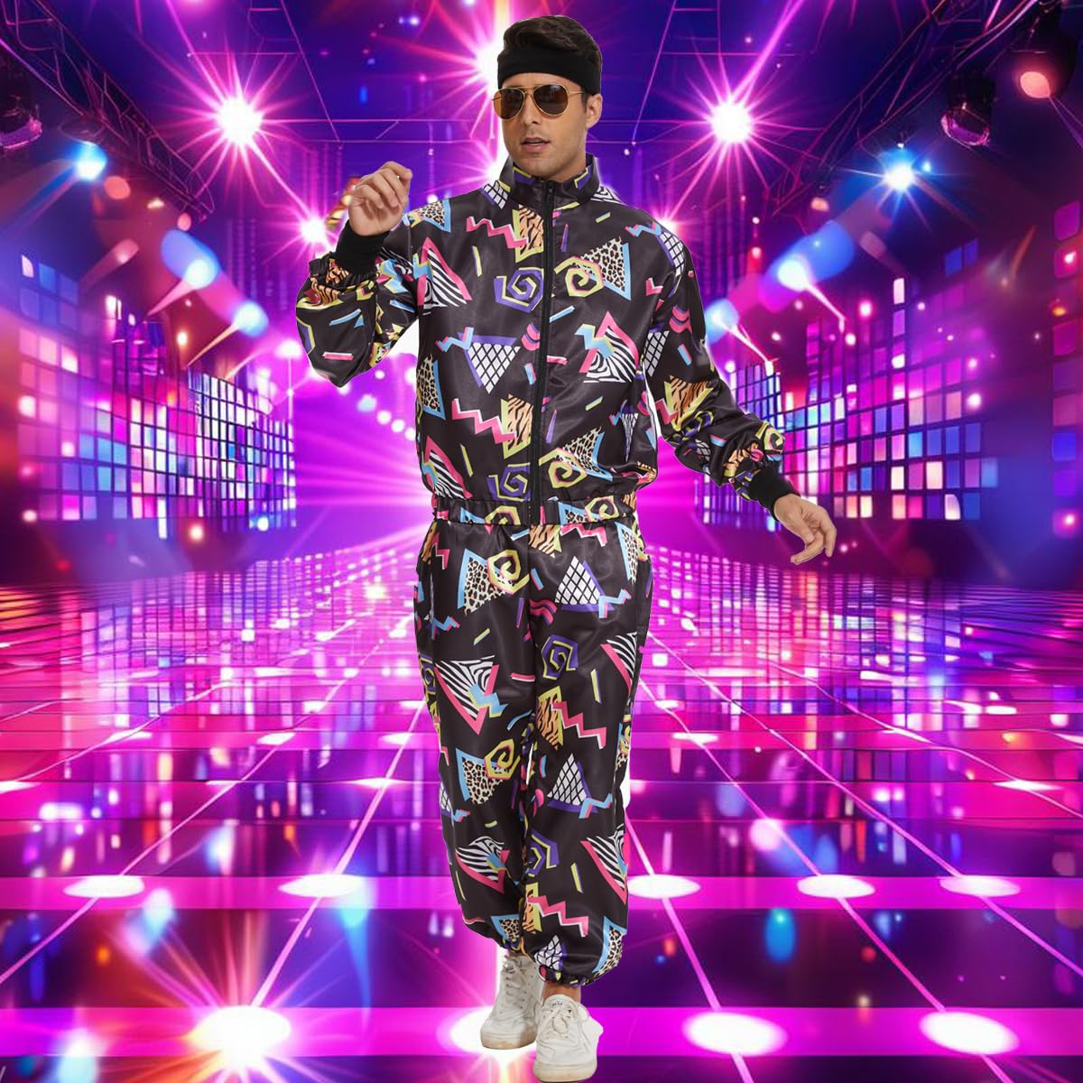 CEKUIA 80s 90s Fancy Dress Shell Suit Disco Dress Costume for Men Women Tracksuit with Headband Glasses Wristbands