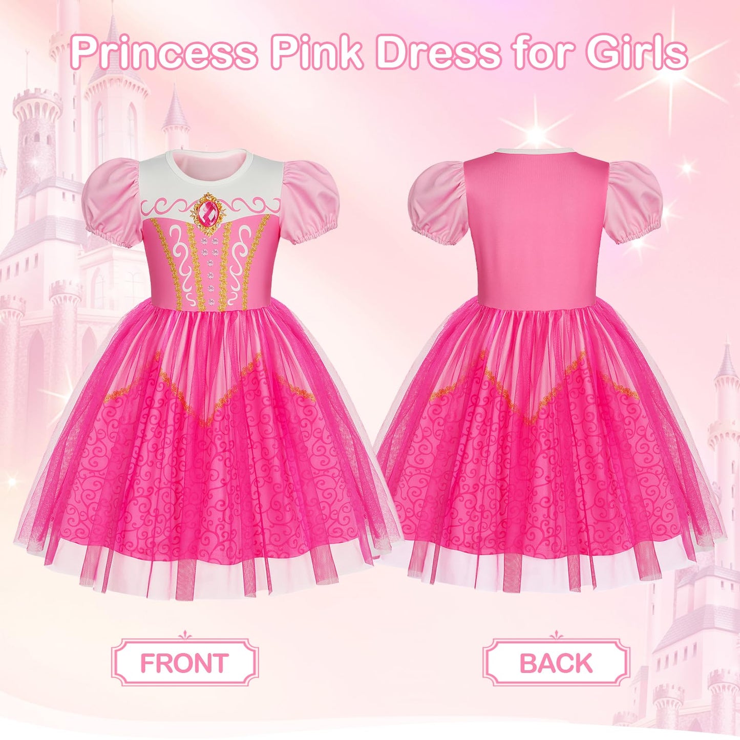 Berich Princess Costume with Crown Princess Costumes for Girls Halloween Outfits Christmas Gifts World Book Day Week Pink Dress up for Girls 4-5 Years(Pink,120)