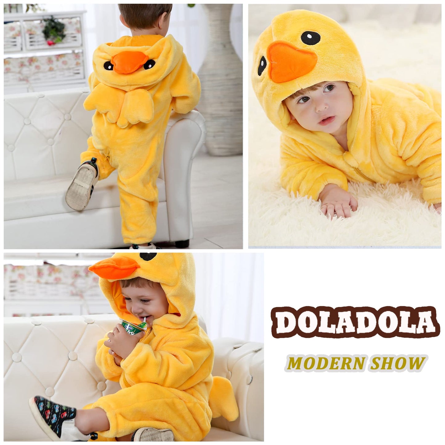 Doladola Unisex Baby Toddlers Romper Jumpsuit Hooded Cartoon Sleepsuits Infant Outfit (12-18 Months, Yellow Duck)