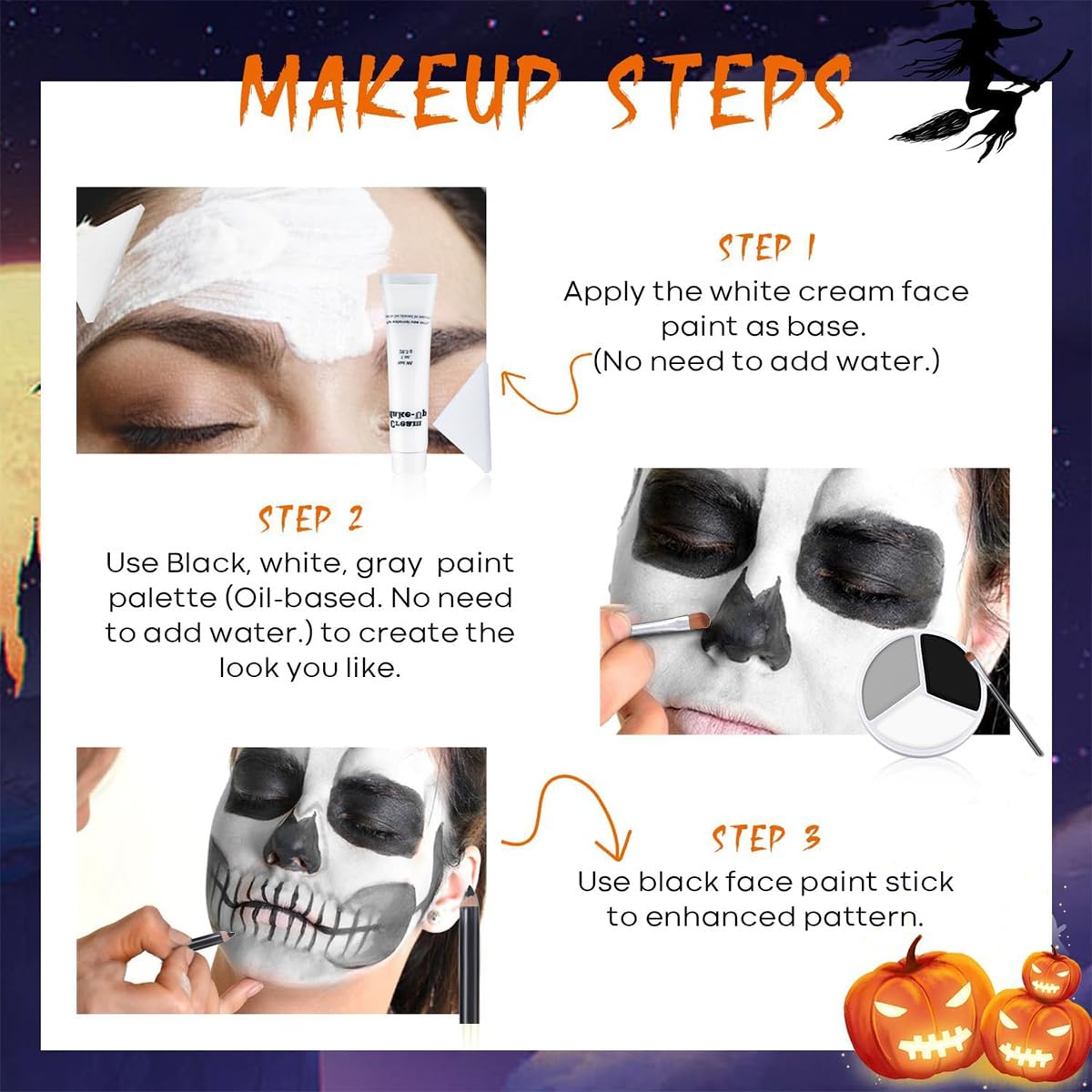 Katiluxiya Halloween Professional Grey Black White Face Paint, Face Painting Kit for Halloween Skeleton Skull, Clown Cosplay, SFX Special Effect and Theme Parties. (01, Color)