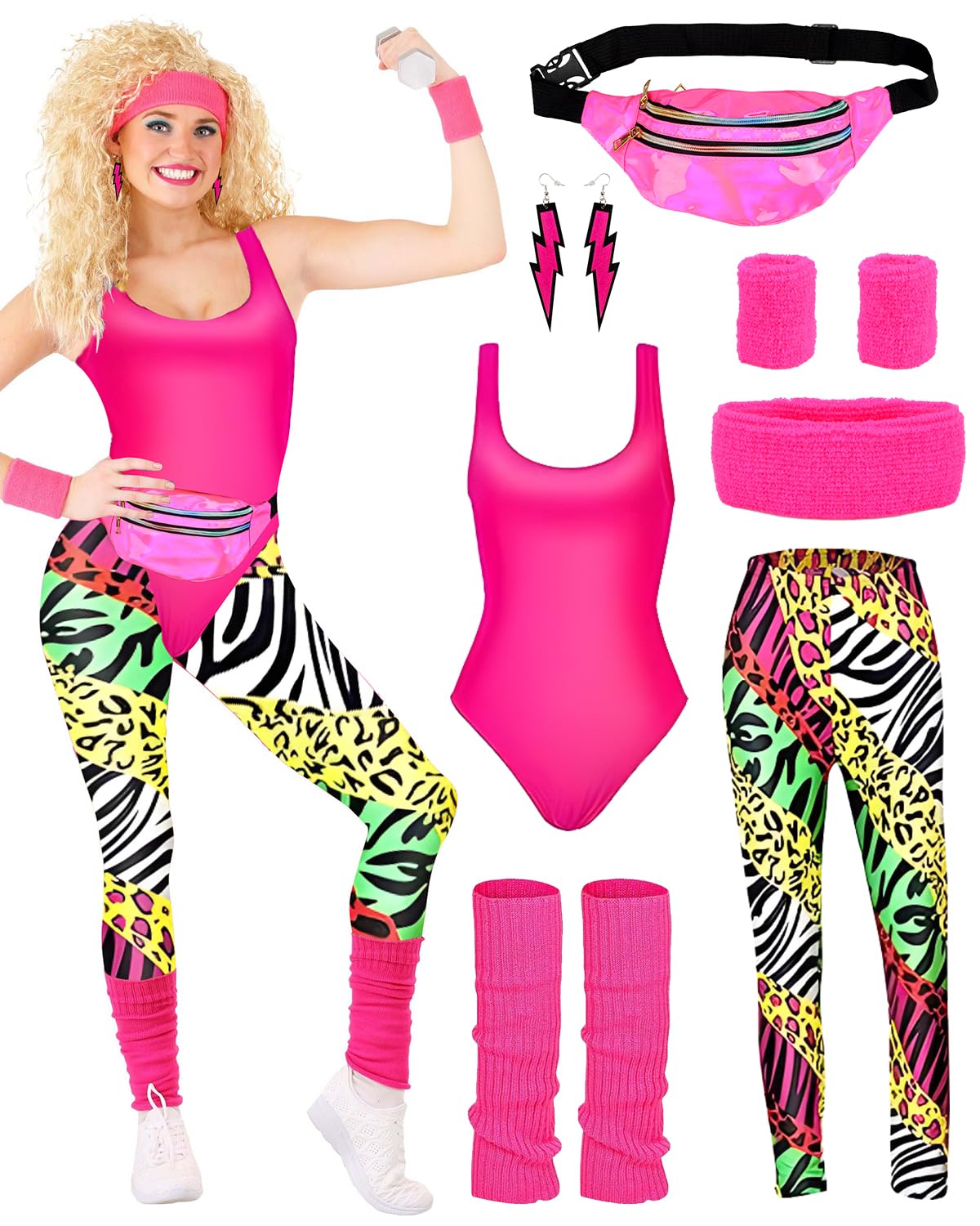 80s Costume Outfits Accessories Set for Girls, 80s Fancy Dress For Women, 1980s Fancy Dress Party Kits with Headband Earring Leg Warmers Headband for 1980 Retro Parties Hen Do Parties Ladies(M)