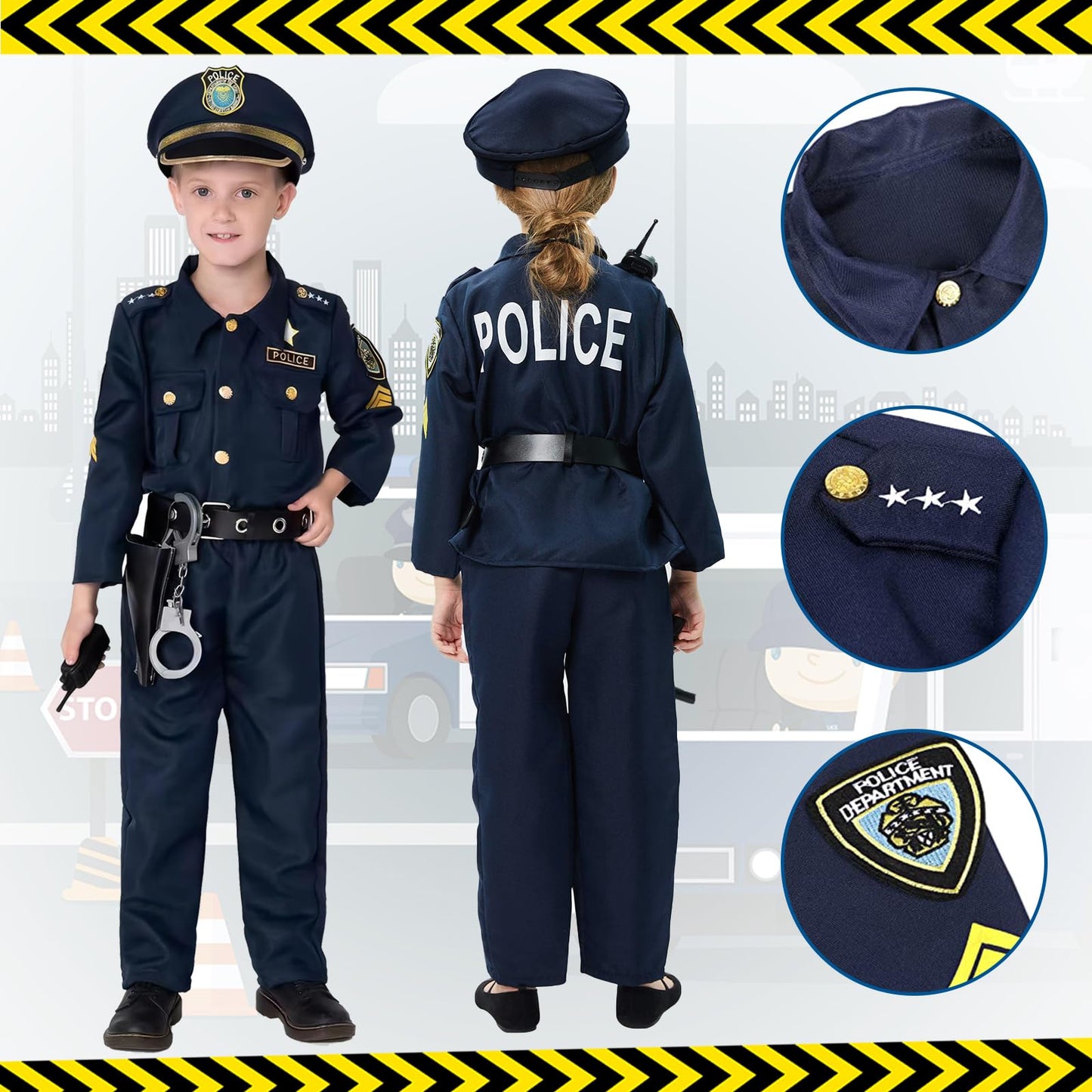 Amtum Police Costume Kids Policeman Uniform Kids Police Officer Costume With Cop Pretend Play Accessories For Halloween Dress Up Set Role Play Officer,Blue-XS