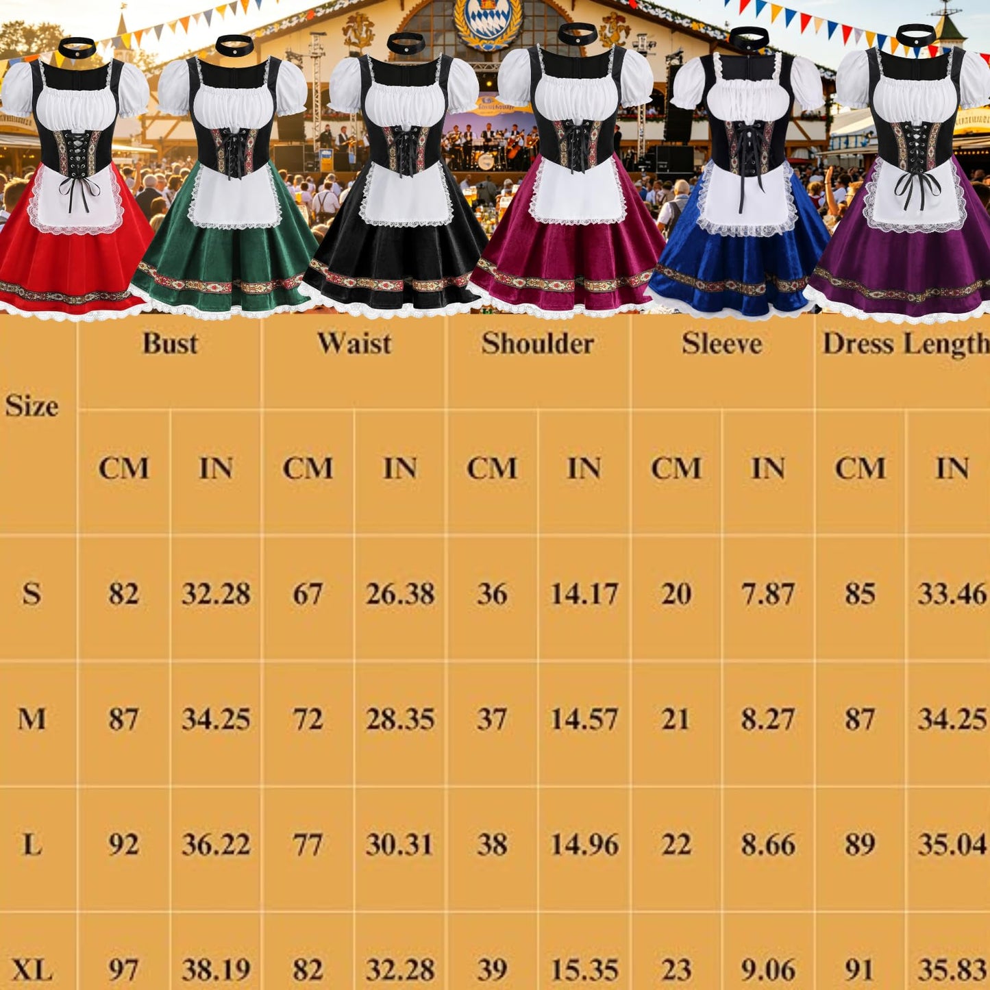 maxToonrain Oktoberfest Outfit Women Puff Sleeve Velvet Bavarian Beer Maid Dress with Foral Embroidery, Lace Trim, Apron & Choker for Halloween, Themed Parties & Beer Festivals (Olive Green, S)