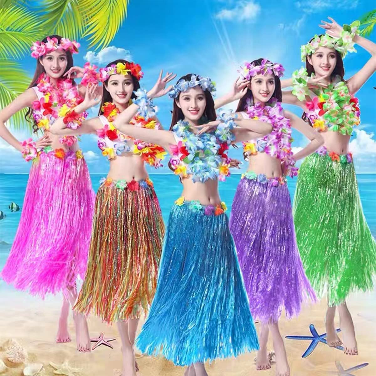 HBell 8 Set 40PCS Hawaiian Grass Skirt Garlands,Hawaiian Leis Bracelet Headband Necklace,Hawaii Luau Skirts Costume Fancy Dress,Only for Teens & Adults Summer Beach Tropical Party Decorations