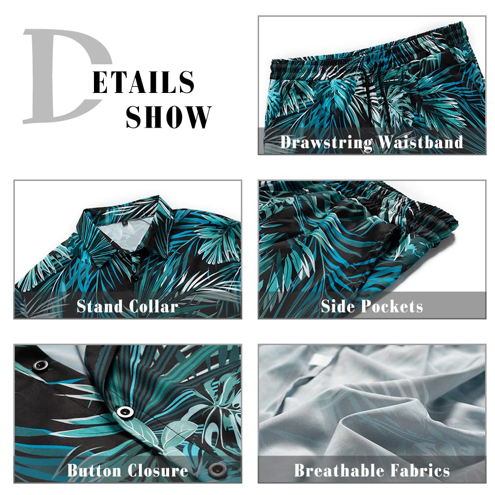 Wirltte Mens Hawaiian Shirt and Shorts Set Tropical Floral Print 2 Piece Outfits Blue Green S