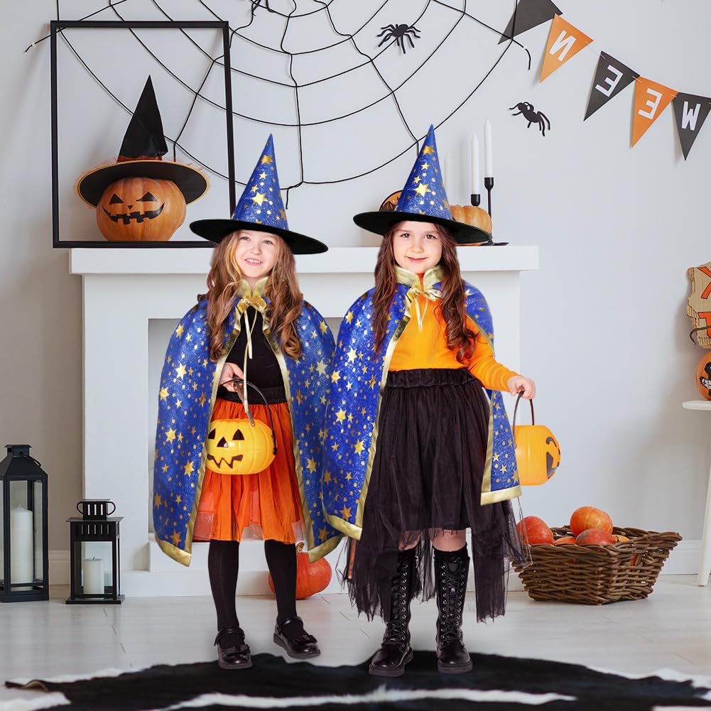 AYBUY Wizard Cape Witch Cloak Kids, Witch Costume Cloak and Hats for Kids, Halloween Costume Props Costume with Golden Stars Pattern for Children, Girls Halloween Party Cosplay Costumes (Blue)