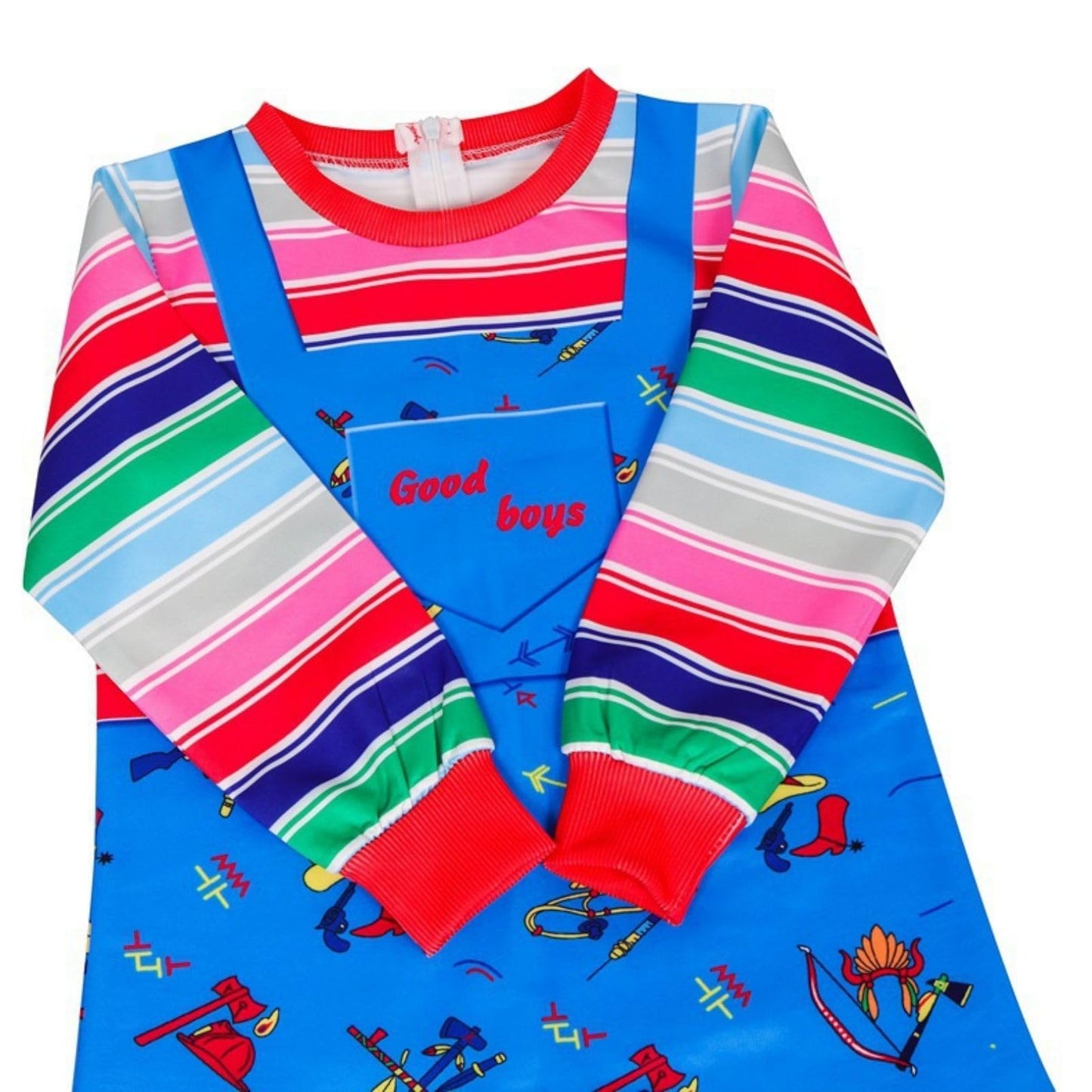nezababy Chucky Costume Kids Chuckie Jumpsuit Rainbow Striped Top with Scary Killer Cosplay Overalls Halloween Dress up(XS/110)