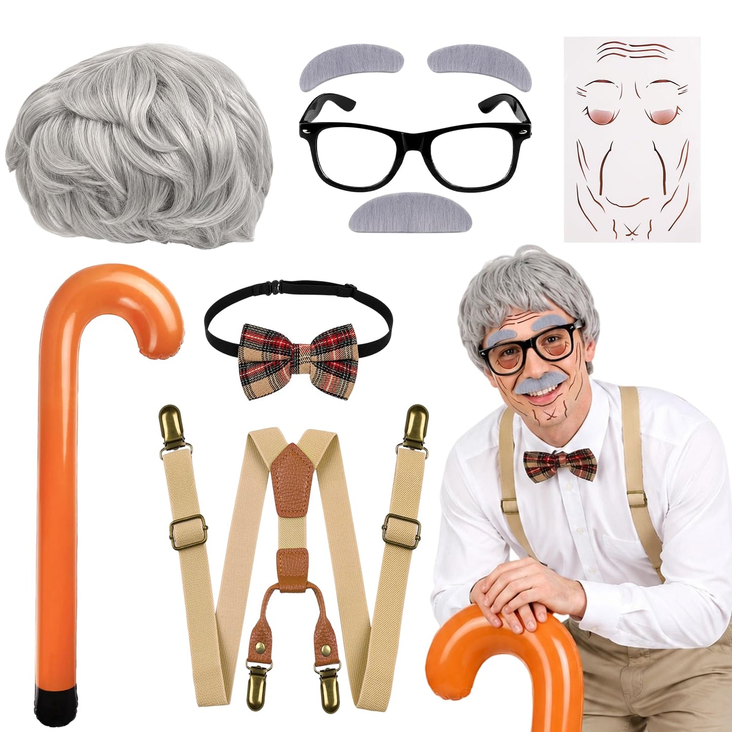 GLGHMH 9PCS Old Man Costume Set Grandad Fancy Dress Disguise for Adults Halloween Cosplay