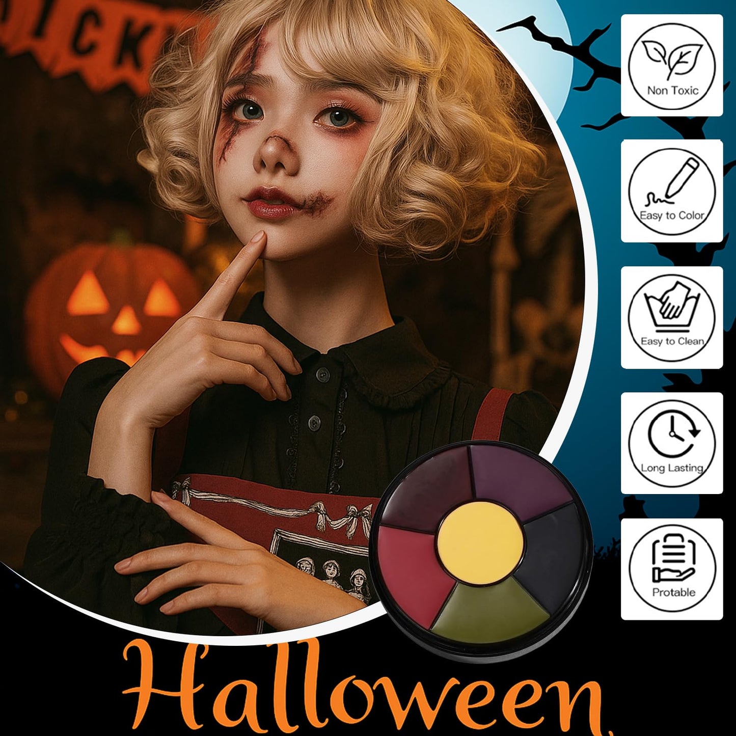 6 Color SFX Bruise Wheel – Professional Halloween Face Paint Kit, Non-Toxic Oil-Based Makeup with Fake Blood, Zombie & Injury Special Effects Palette for Cosplay & Festivals