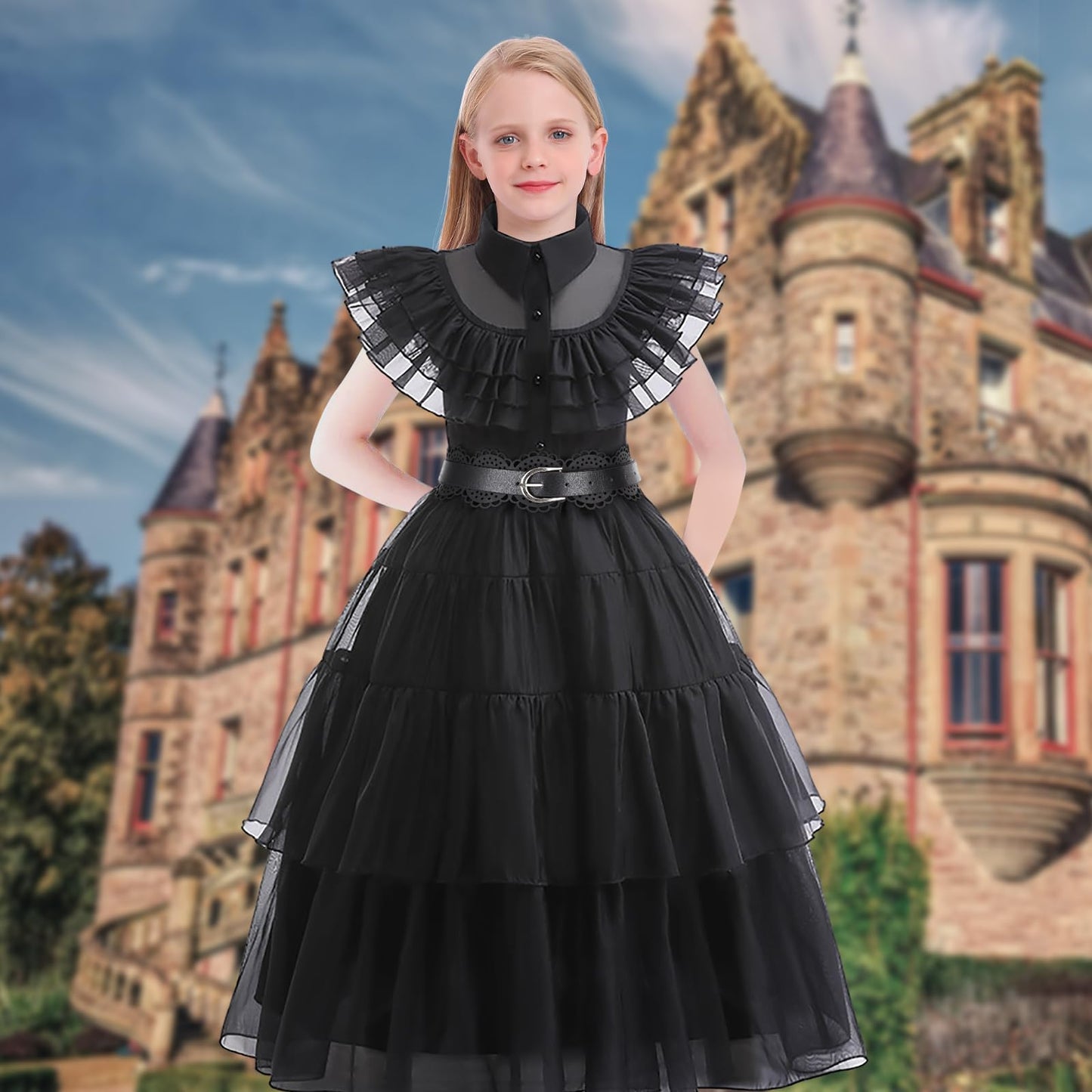 VIPten Dress for Kids Girls, Addams Family Cosplay Outfit Gothic Costumes for Halloween Birthday School Party (Black, 4-5 Years)