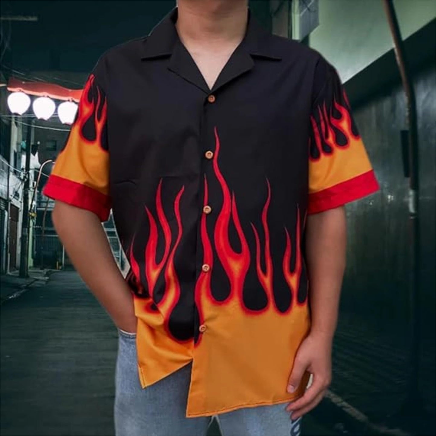 Mens Flame Shirt Short Sleeved Flame Graphic Button Down Beach