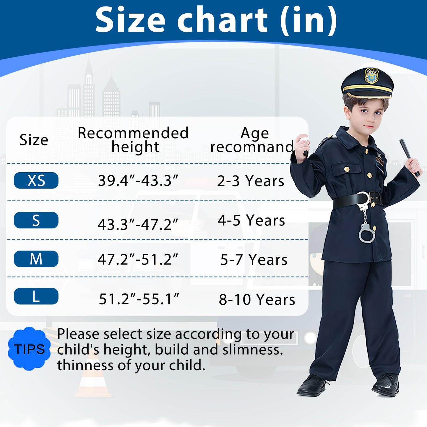 Amtum Police Costume Kids Policeman Uniform Kids Police Officer Costume With Cop Pretend Play Accessories For Halloween Dress Up Set Role Play Officer,Blue-XS