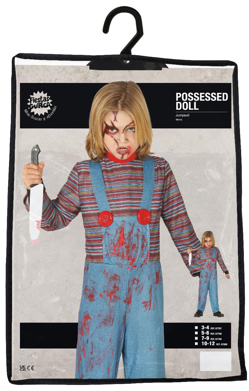 FIESTAS GUIRCA | Possessed Doll Fancy Dress Costume Children (5-6 years) - Jumpsuit - Horror and Doll Costumes for Halloween, Carnival and Fancy Dress Parties - Ideal for Kids - Blue and Multicolour