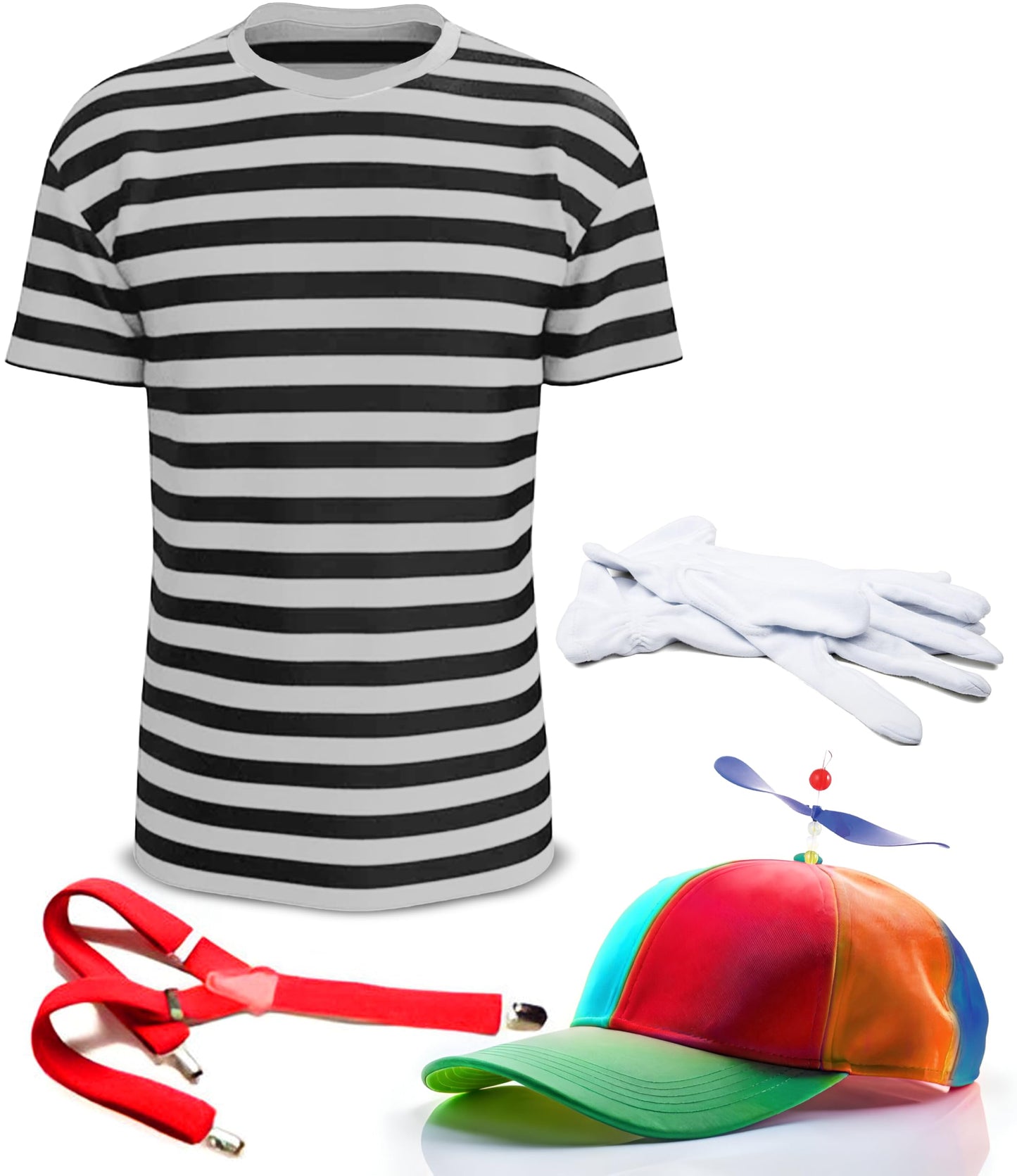 Mega_Jumble Alice in Wonderland Twins Fairy Tale Tweedle Dee or Dum Fancy Dress Costume Set - Black & White Stripe T-Shirt, Helicopter Hat, Braces and Gloves (M)