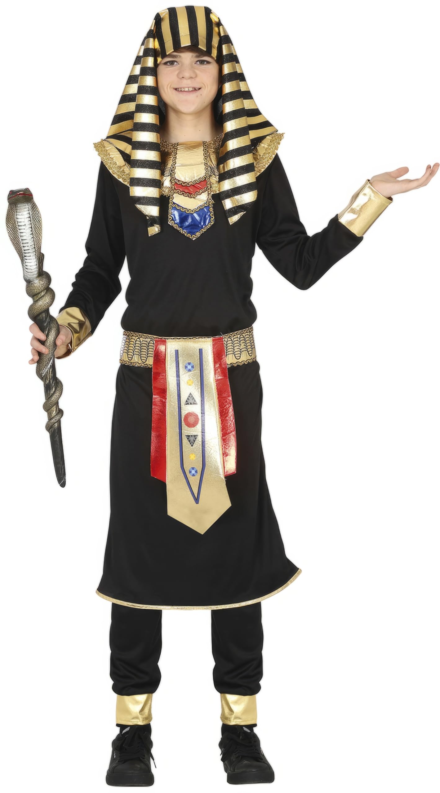 FIESTAS GUIRCA | Egyptian Teen Fancy Dress Costume (14-16 Years) - Tunic, Belt, Collar, Trousers and Headpiece - Pharaoh and Ancient Egypt Costumes for Halloween and Parties - Black and Gold