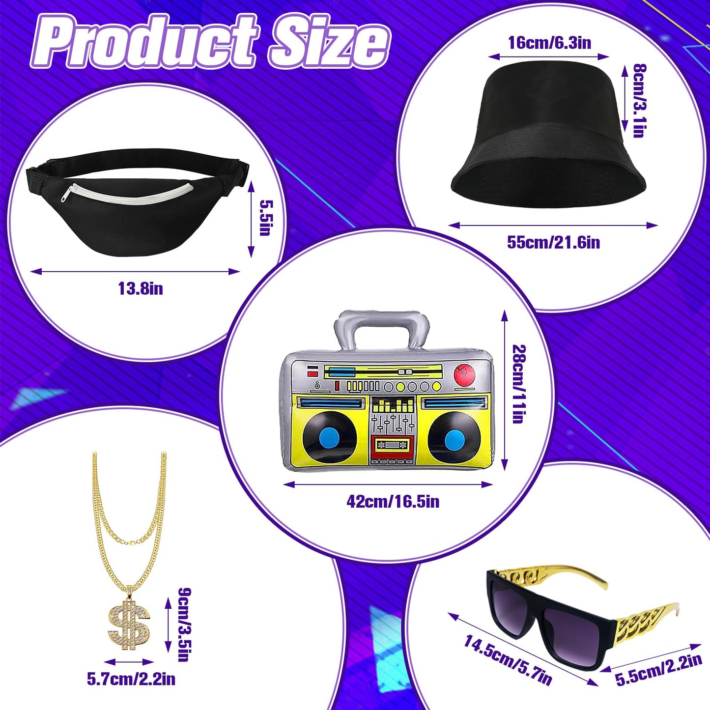 JDFAIJEAL Hiphop Costume Set for Men – Black Tracksuit with Hat, Glasses, Gold Round Necklace, Fanny Pack & Boombox Balloon – Hip Hop Outfit for Party, Halloween, Cosplay (Green, XXXL)