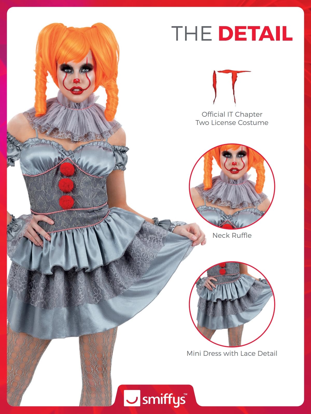 Smiffys IT Chapter Two Pennywise Ladies Costume for Adults, Mini Dress with Sleeves, Neck Ruffle, and Tights, Grey, Officially Licensed, Ideal for Halloween and Matching Fancy Dress Parties