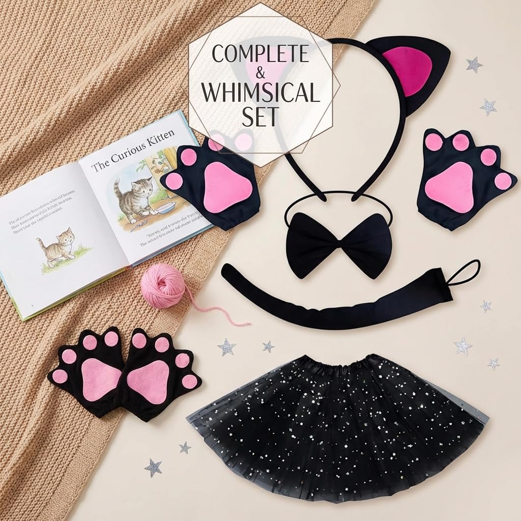 Cat Costume for Girls Kids Animal Fancy Dress with Black Tutu Skirt (image 5)