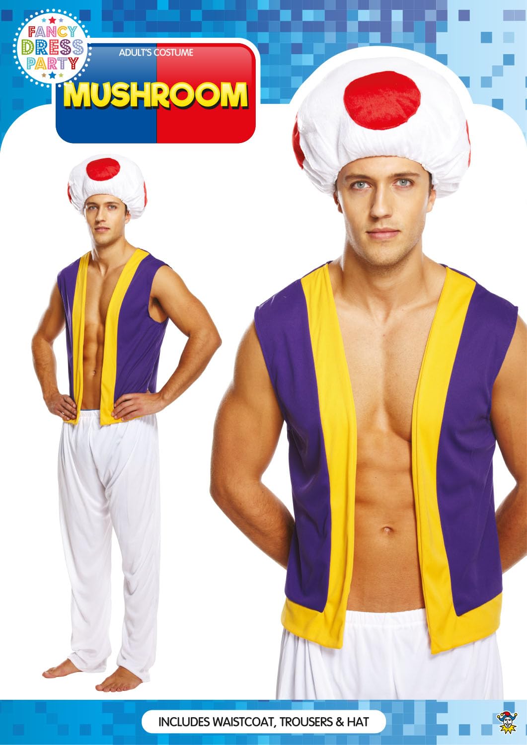 HENBRANDT Adult Men’s Videogame Mushroom Man Fancy Dress Costume Retro 1980s Novelty Toad Moustache Brothers Dress Up Outfit One Size Mens Fancy Dress Costume