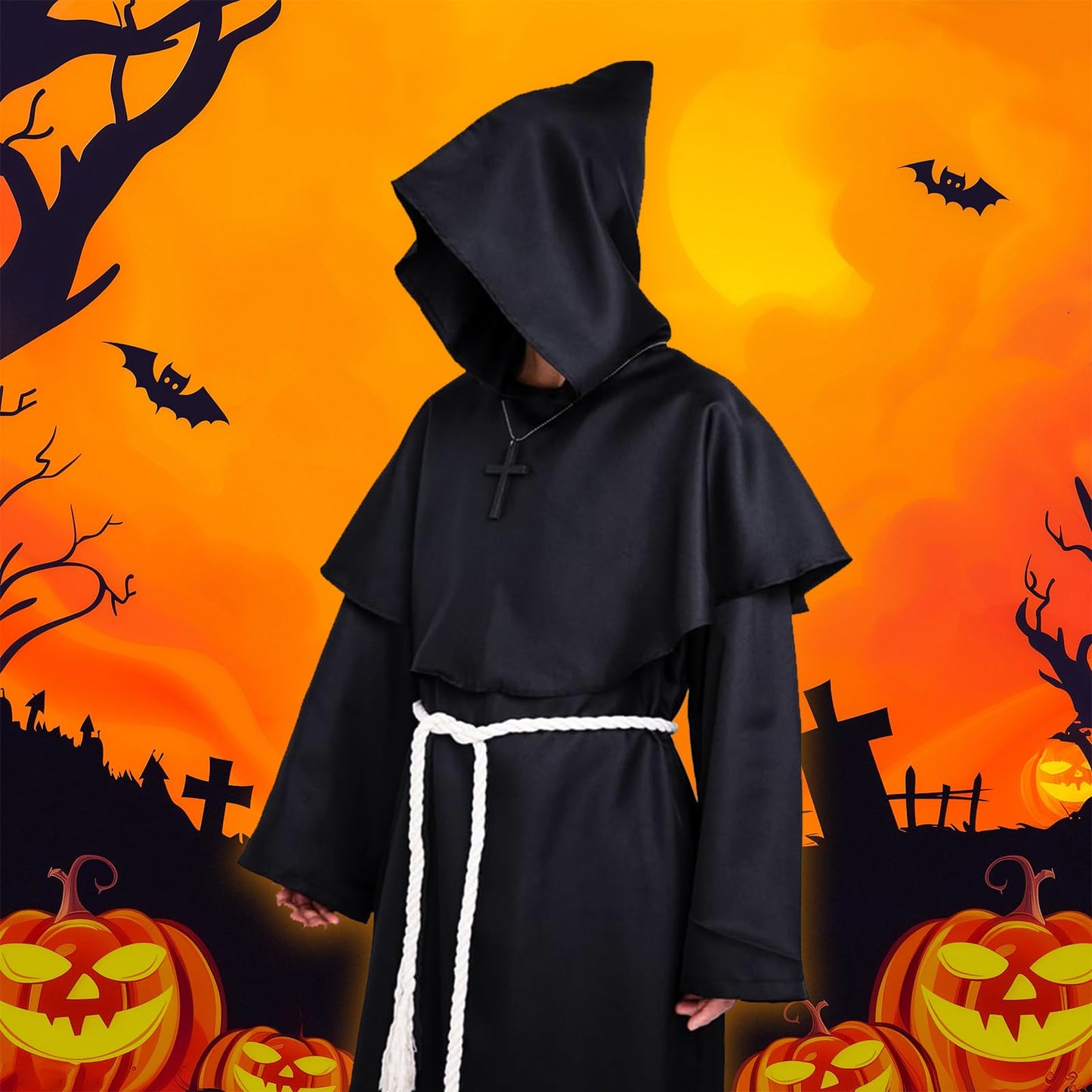 WenYa Monk Costume Set for Adults, Complete Medieval Priest Robe with Detachable Hood, Adjustable Rope Belt and Wooden Cross Necklace for Halloween Cosplay and Renaissance Themed Events
