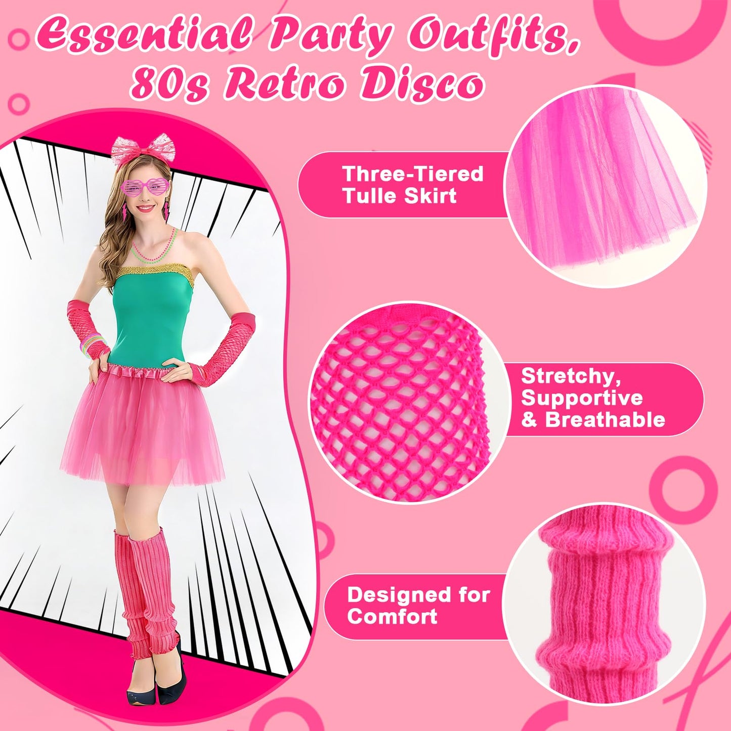 80s Fancy Dress for Women, Complete 21-Piece Retro Party Costume Accessories Set with Tutu Skirt, Fishnet Gloves, Leg Warmers & Headband for 1980s Theme Parties, Retro Party Dress up & Fancy Dress