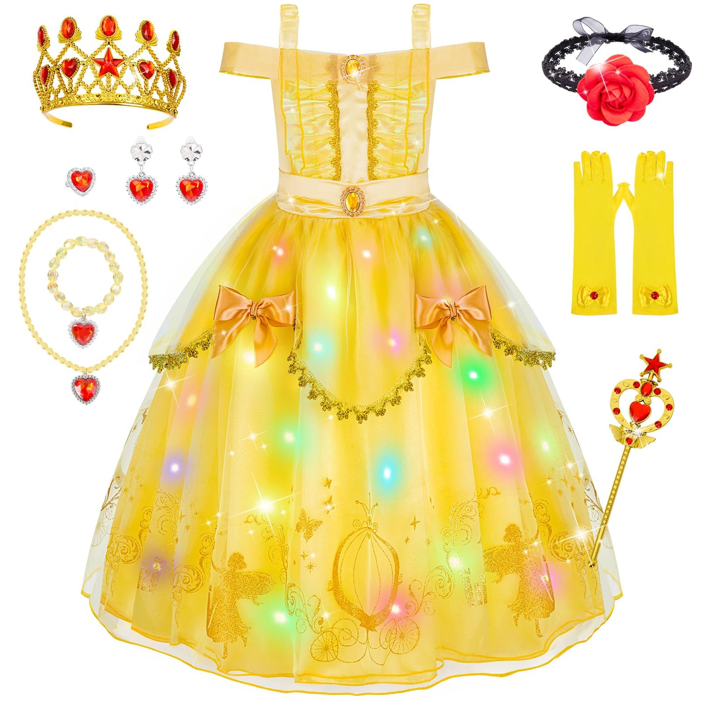 WIKITOT Princess Costume for Girls, Light up Yellow Princess Dress up for Girls Aged 3-10, World Book Day Fancy Dress Halloween Costumes(M)