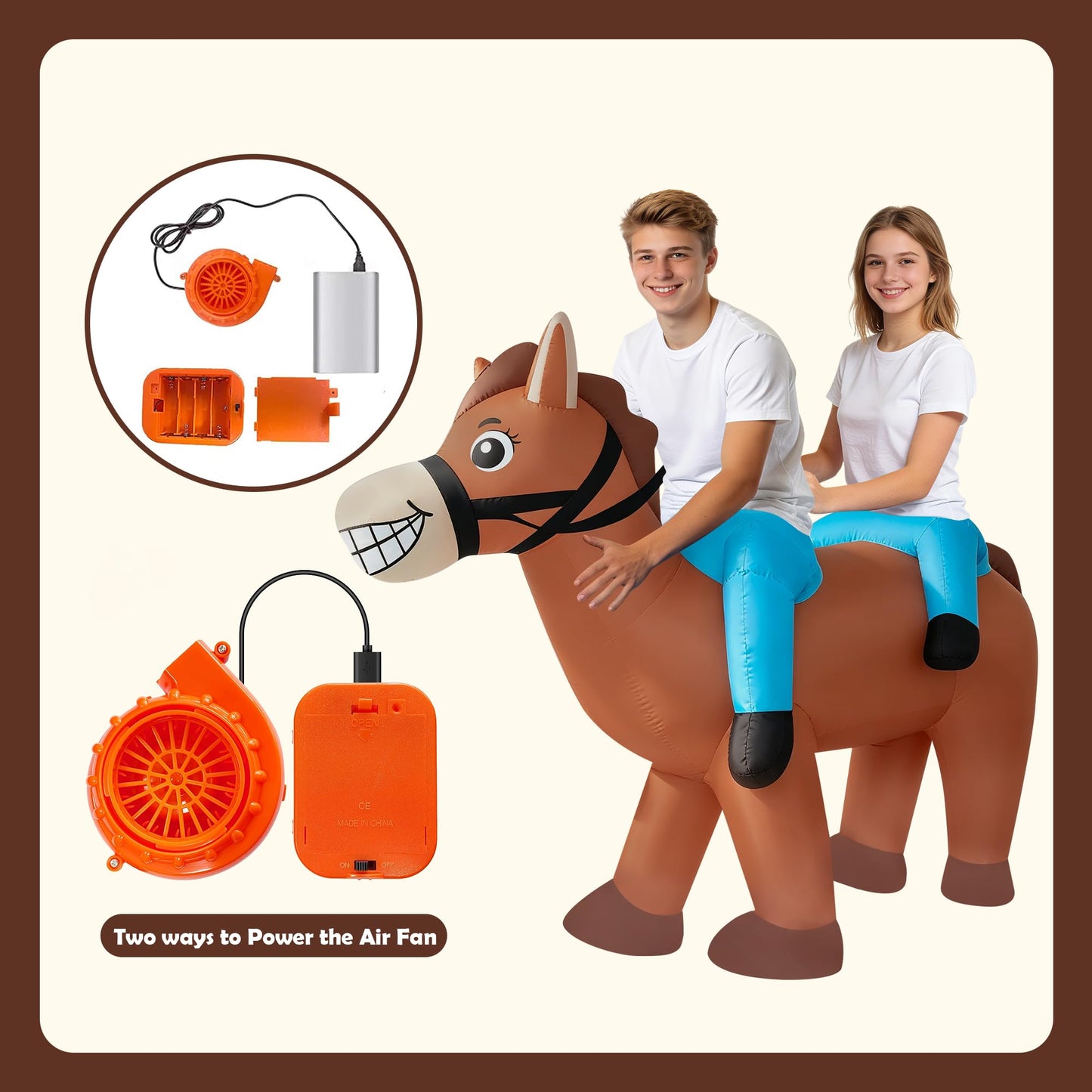 AkieBy Inflatable Double Rider Horse Costume for Adults, Funny 2-Person Ride-On Tandem Horse Blow Up Suit for Halloween,Cosplay,Party,Christmas,Birthday