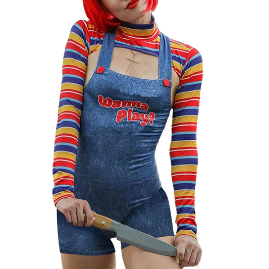 LYSINK Women 2 Pcs Halloween Cosplay Costumes Scary Nightmare Killer Doll Wanna Play Movie Character Dress Doll Costume Fancy Dress Set (Ba Blue, S)