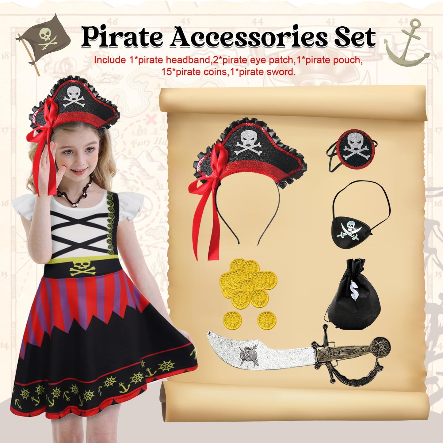 Berich Kids Pirate Fancy Dress Up Halloween Costumes for Girls World Book Day Outfit Therm Party Role Play Dress Up Pirate Accessories Sword Eye Patch Hat Girls Costume 5-6 Years, Size 130, Black