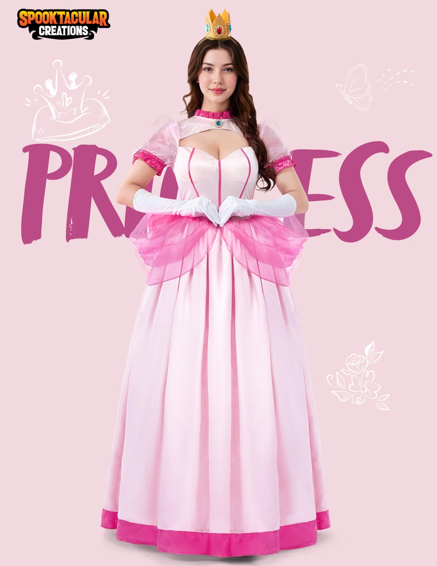 Women Peach Pink Dress Costume with Gloves and Crown - Princess