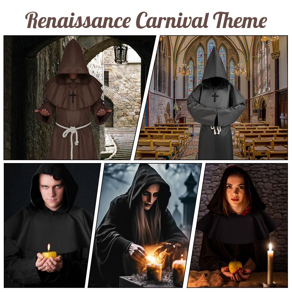 Aomig Monk Costume, 4 Pcs Medieval Friar Hooded Monk Cape Renaissance Wizard for Adult Women Men, Pastor Outfit Priest Robe Costume Halloween Fancy Dress Christmas Party Cosplay Costume (XL, Black)