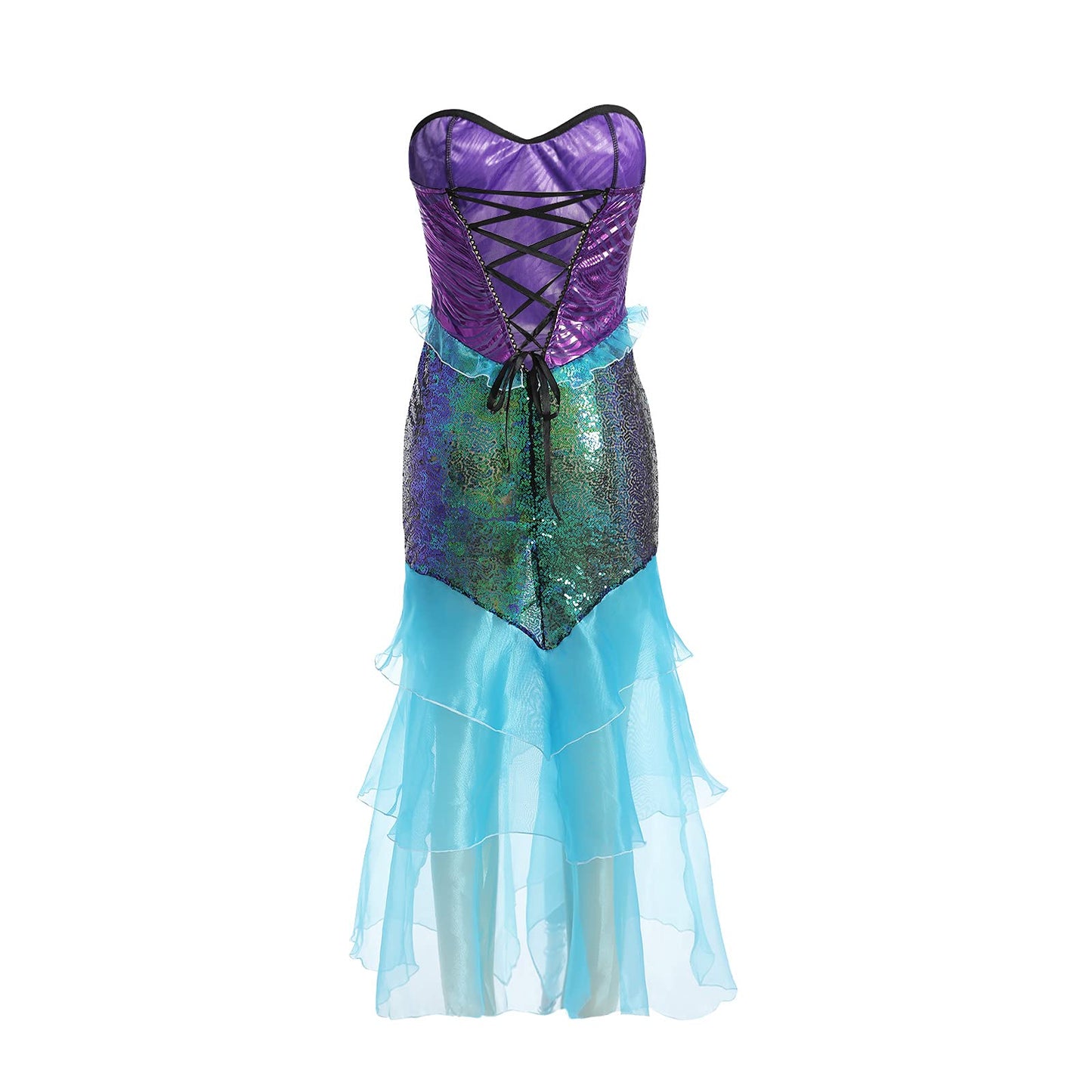 DELIMALI Women's Mermaid Ladies Ruffle Sequin Fairytale Book Fancy Long Tail Dress Womens Adults Costume Outfit (Blue, Medium)
