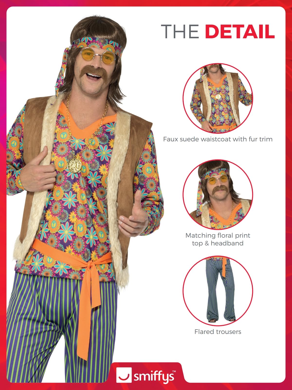 Smiffys 60s Singer Costume, Male, Multi-Coloured Top, Waiscoat, Trousers, Belt & Headband, 1960's Groovy Fancy Dress, Adult Dress Up Costumes