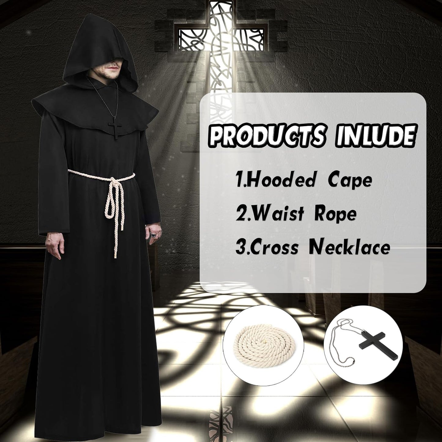 MEIRRAI Monk Robe Priest Robe Halloween Costume with Hood and Cross Ornament, Hood Women Men for Theme Party Fancy Dress (Black, XL)