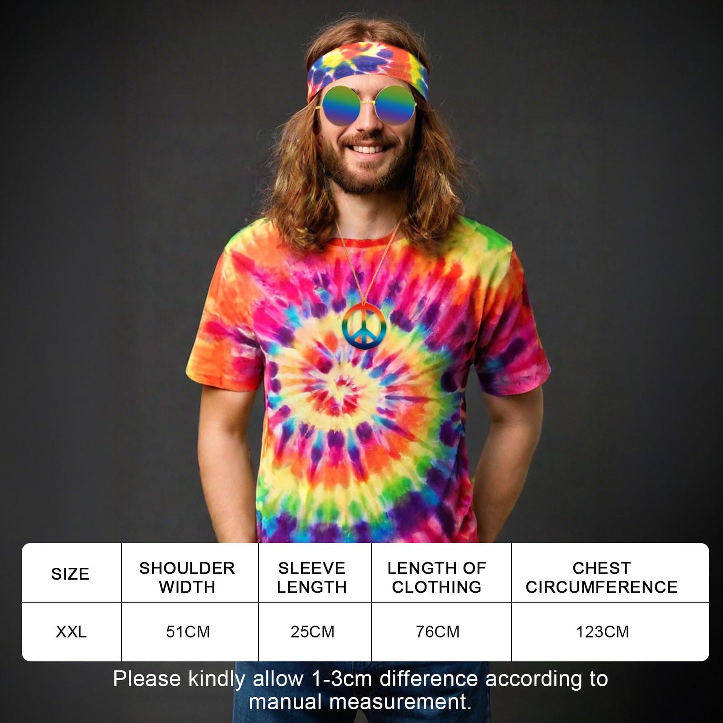 SAIIURV 4 Pcs Hippie Costumes T-Shirt, Sunglasses Peace Necklace Headband, Mens & Womens Pop Hippie 70s Disco, Rock Star Party, 1980s Fancy Dress for Retro Theme Party Cosplay Dress Up(Multicolor)