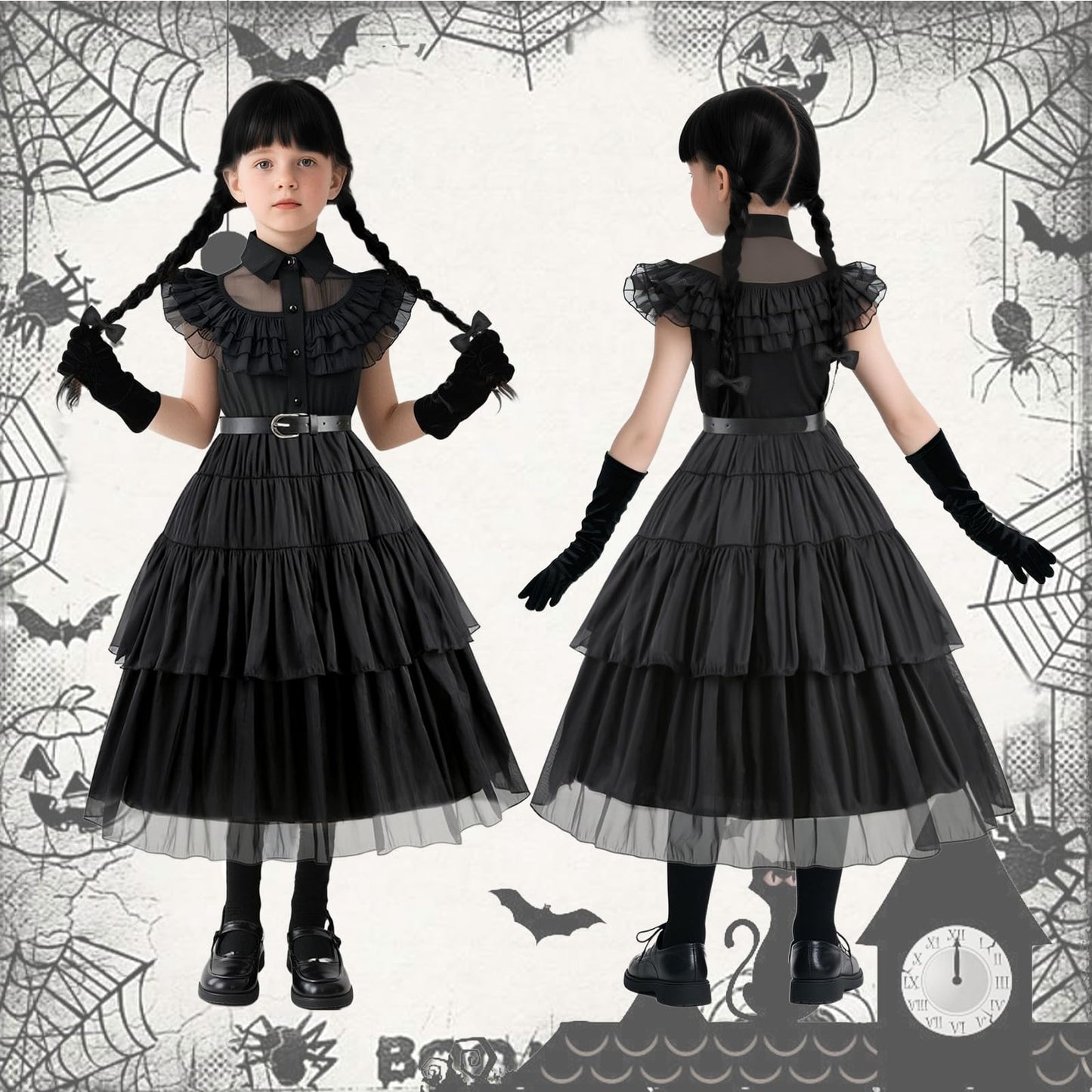 Carreuty 8 Pcs Black Princess Costume Dress Girls Sets, Black Family Dress up Outfits for Kids with Wigs Gloves Socks Hair Bands Tattoos, Gothic School Fancy Dress for World Book Day Halloween