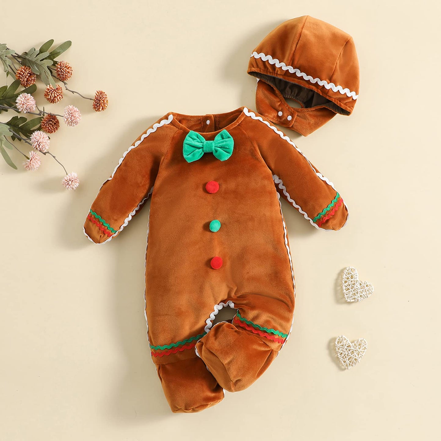 RUINIXCW Toddler Baby Boys Gingerbread Rompers Costumes Long Sleeve Jumpsuits Plush Bowtie with Hat Infant Christmas Outfits (Brown, 0-3 Months)