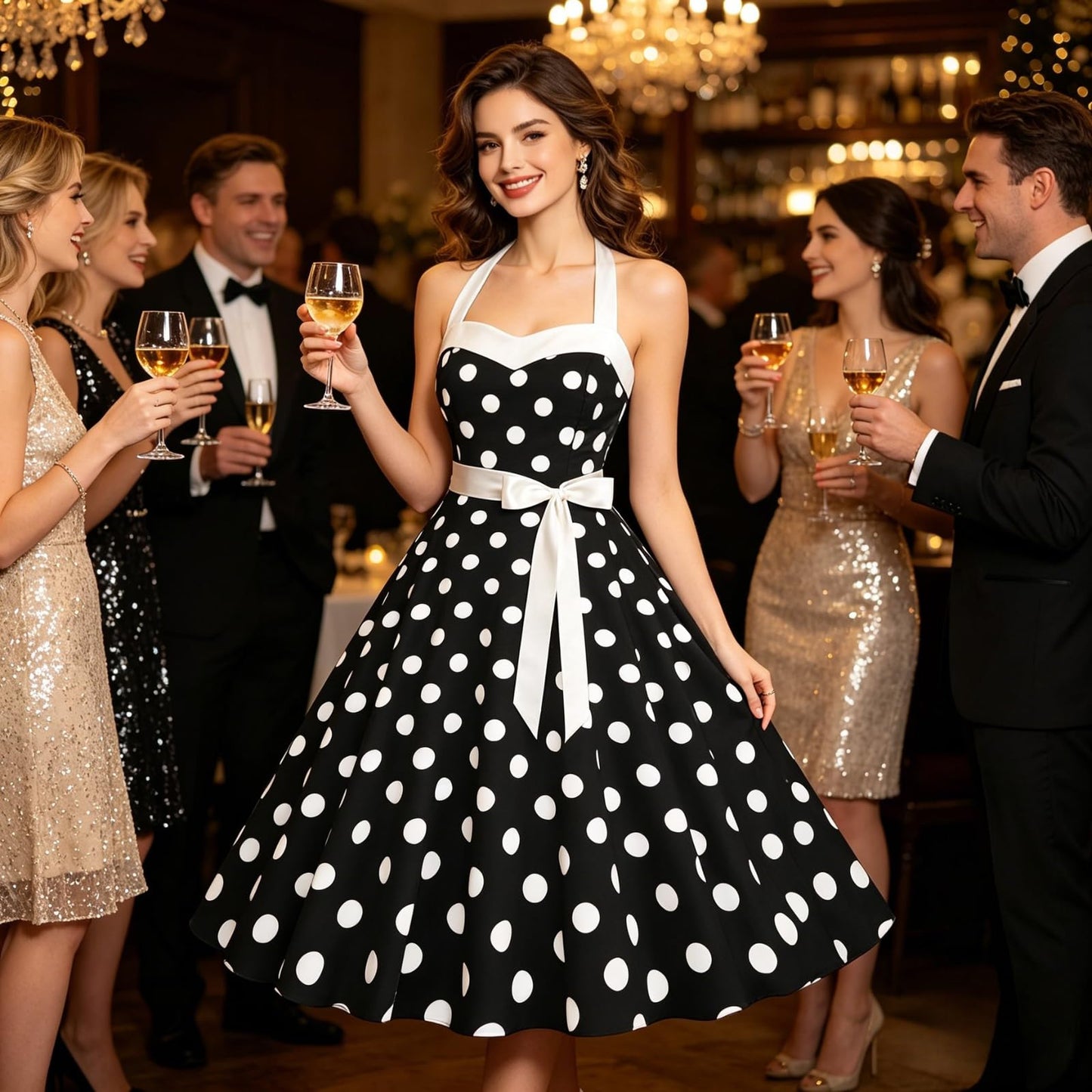 maxToonrain Dresses for Women UK Plus Size,Womens 1950s 80s 70s 90s Fancy Dress A Line Spaghetti Strap Polka Dot Midi Party Dress Halloween Costumes for Adults Ladies(A-Black,L)