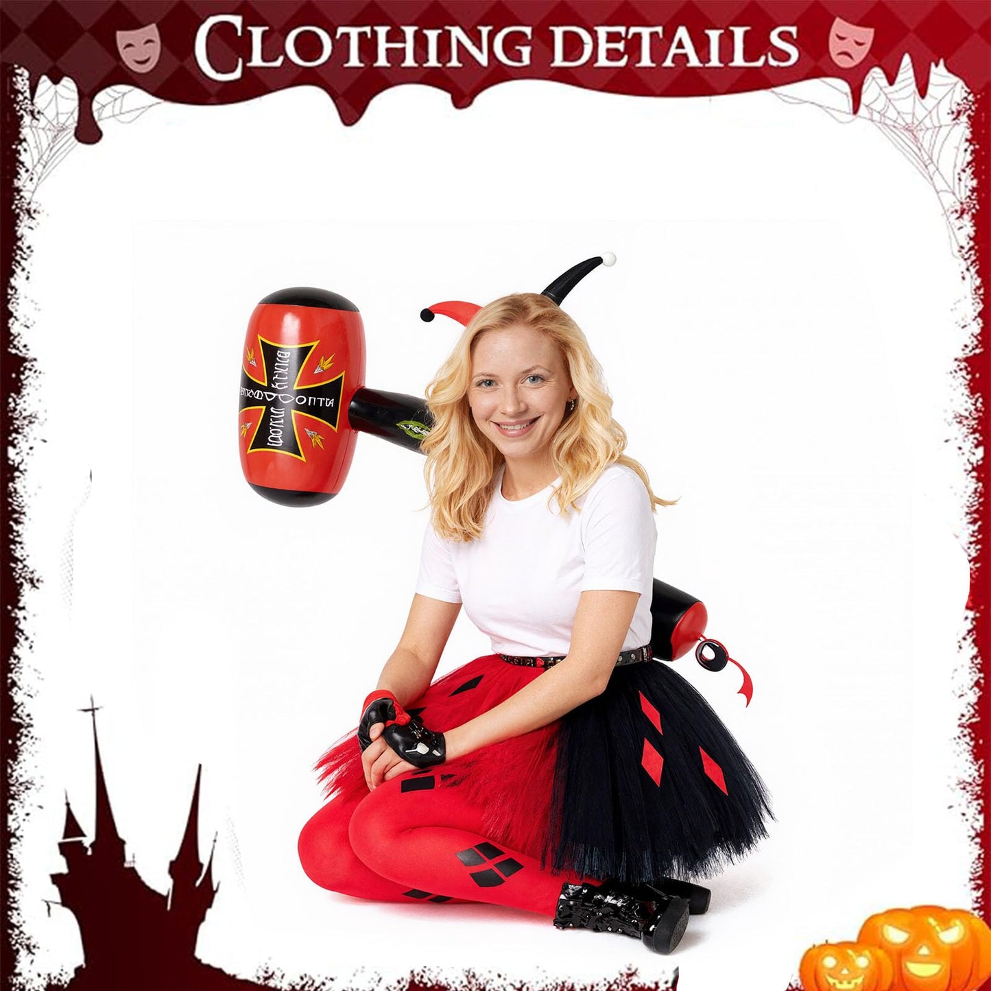Vcumter Quinn Costume Cosply Adult, Joker Cosplay Costume Quinn Costume with Tütü Headband Necklace 2 Stickers Inflatable Hammer Cosplay Costume for Women Girls Halloween Carnival Party