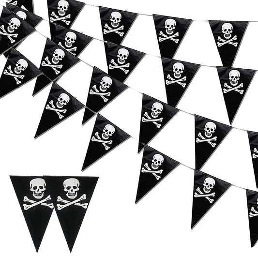 10-metre pirate flag bunting with white skull patterns on black background