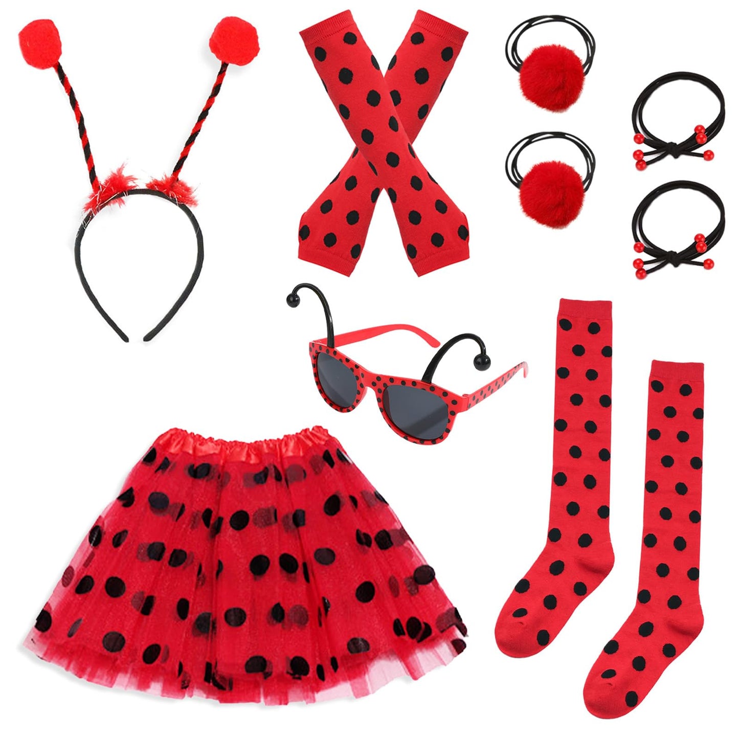 9 Pcs Ladybird Costume Kids, Spotty Tutu for Girls Fancy Dress, Animal costume Kids with Accessories, Party Outfit Performance Costume Sets, Halloween World Book Day Costumes for Girls Cosplay