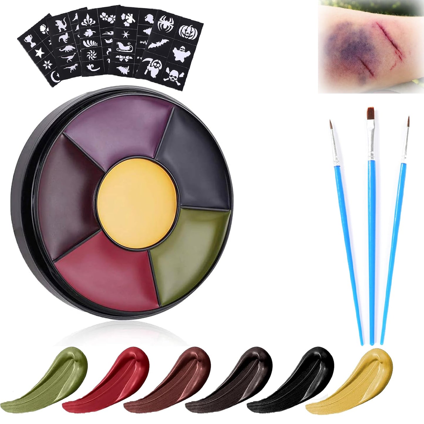 6 Color SFX Bruise Wheel – Professional Halloween Face Paint Kit, Non-Toxic Oil-Based Makeup with Fake Blood, Zombie & Injury Special Effects Palette for Cosplay & Festivals