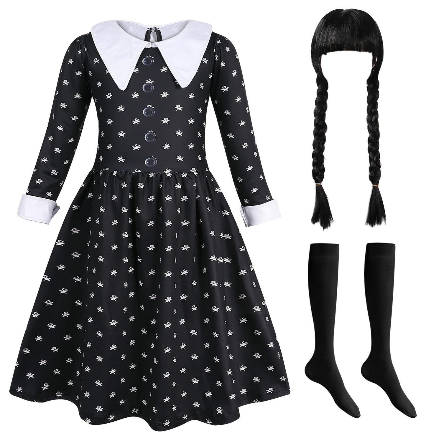 Berich Girls Black Dress with Socks Black Costume Cosplay Halloween Costumes for Kids Princess Role Play World Book Day Outfit Kids Gothic School Fancy Dress 5-6 Years, Size 130