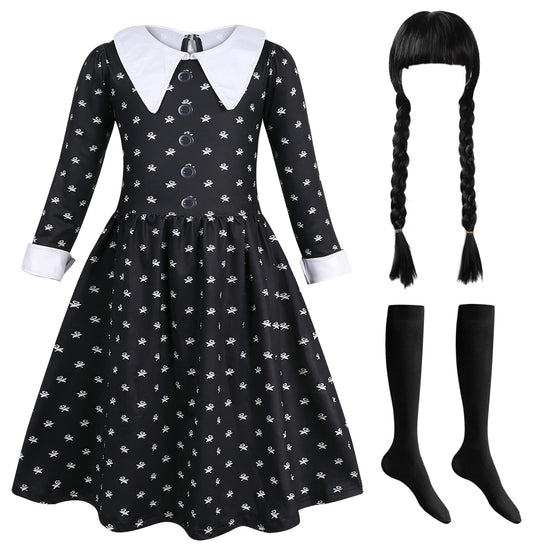 Berich Girls Black Dress with Socks Black Costume Cosplay Halloween Costumes for Kids Princess Role Play World Book Day Outfit Kids Gothic School Fancy Dress 5-6 Years, Size 130
