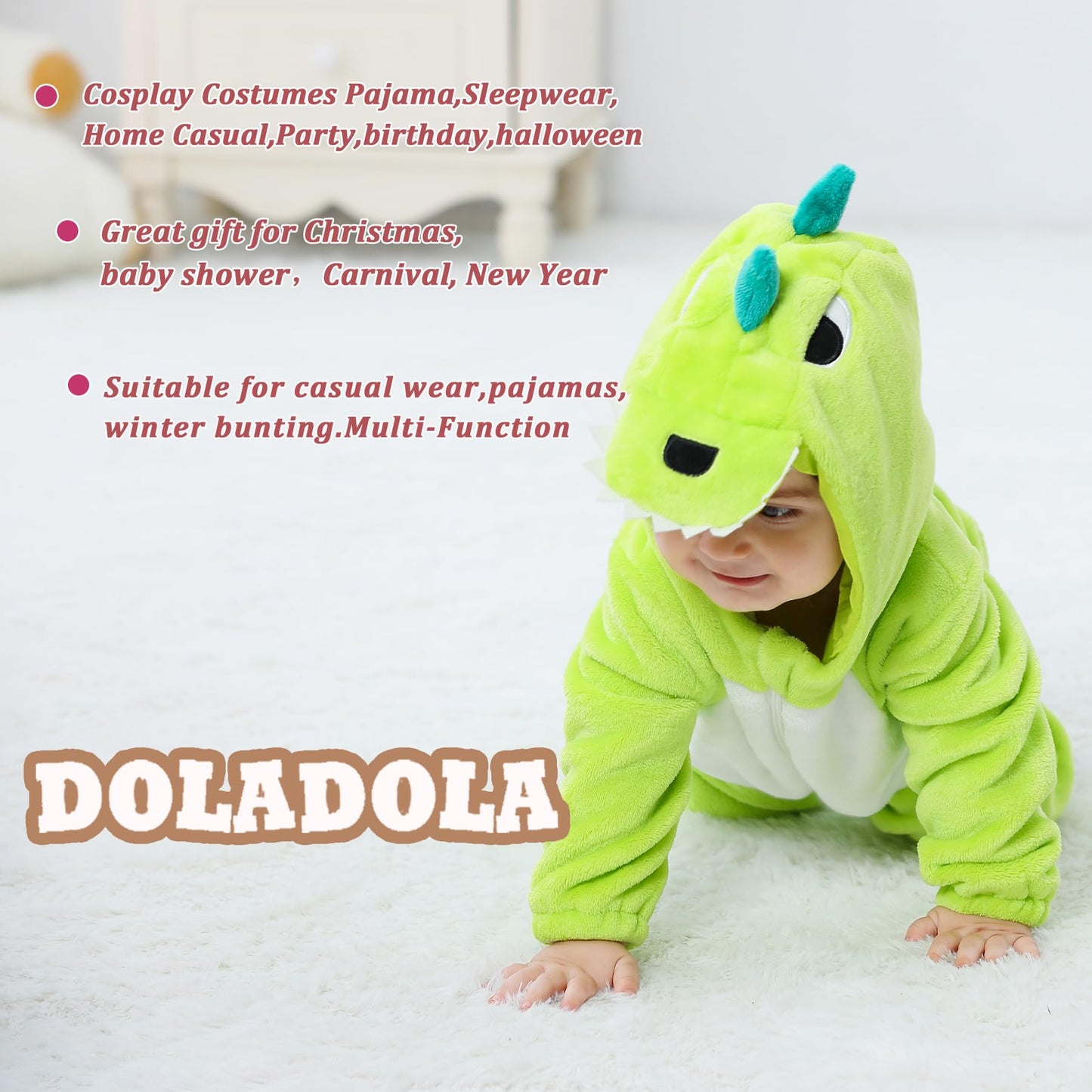 Doladola Unisex Baby Onesie Animal Cartoon Cat Jumpsuits Toddler's Hooded Rompers Outfit (2-3 Years,Green Dinosaur)