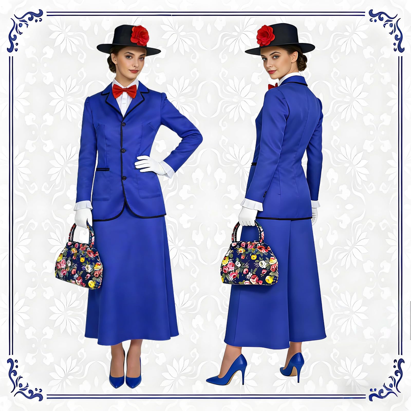 Victorian Nanny Costume Women World Book Day Blue Jacket Skirt Hat (image 5)