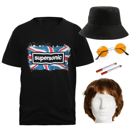 Adults Britpop Costume - Large - Black T-Shirt with Supersonic Print, Brown Wig, Black Bucket Hat, Orange Round Sunglasses, 2 Fake Cigarettes - Mens Ladies 90s Rock Band Music Icons Fancy Dress