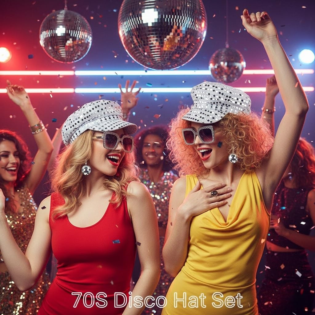 70s Disco Costume Set Sequin Glitter Hat - Bling Sunglasses (image 5)